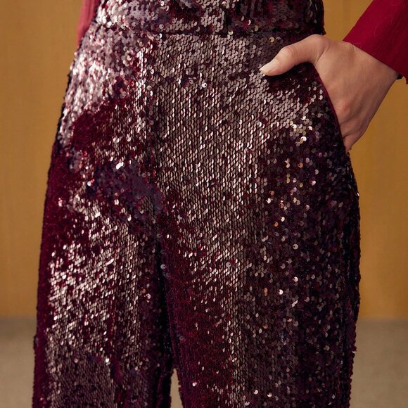 Burgundy Party Women's Contrast Sequin Straight Leg Suit Pants - Picture 5 of 8